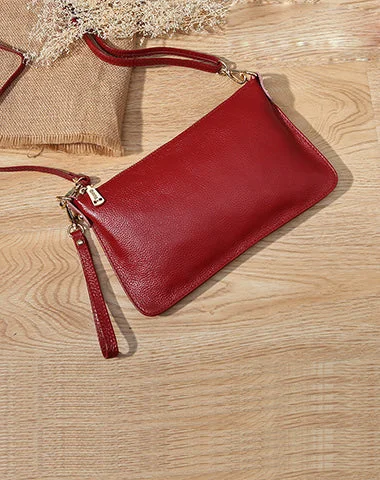 Women's shoulder bag stylish ensemble -Red Leather Wristlet Wallet Womens Small Minimalist Shoulder Purse Zip Crossbody Purse Slim Shoulder Bag for Women