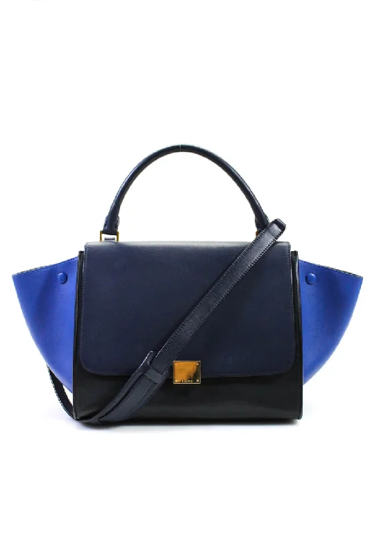 Women's tote bag sleek texture -Celine Womens Tri-Color Medium Trapeze Leather Flap Tote Handbag Navy Blue