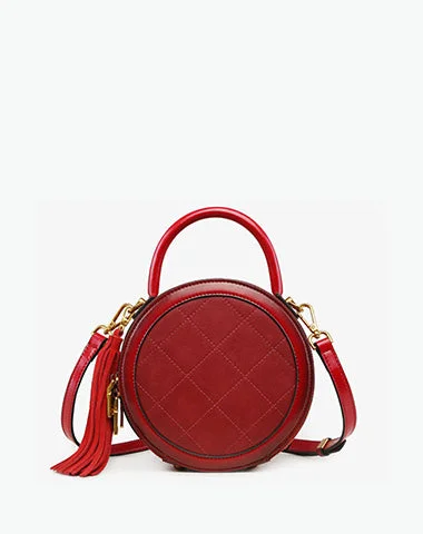 Women's handbags nylon-durable -Womens Red Leather Round Handbag Small Crossbody Purse Round Shoulder Bag for Women