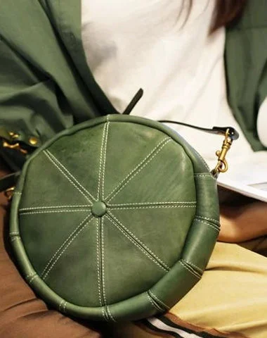 Women's shoulder bag custom outfit -Green Womens Leather Round Side Bag Leather Circle Crossbody Purse Leather Circle Shoulder Bag