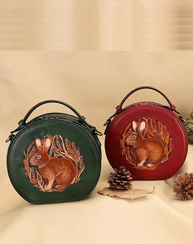 Women's handbags high-end-luxury -Vintage Womens Leather Round Handbag Bunny Crossbody Purse Cutest Round Shoulder Bags for Women