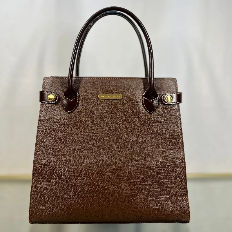 Women's tote bag secure closure -BURBERRY Vintage Haymarket Check Shadow Horse Brown Tote