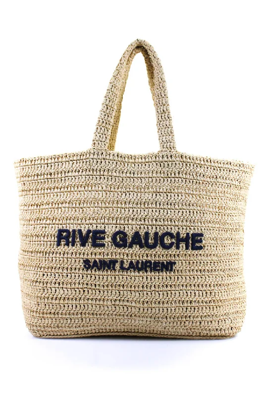 Women's tote bag limited edition -Saint Laurent Womens Large Embroidered Straw Beach Tote Handbag Natural Navy Blue