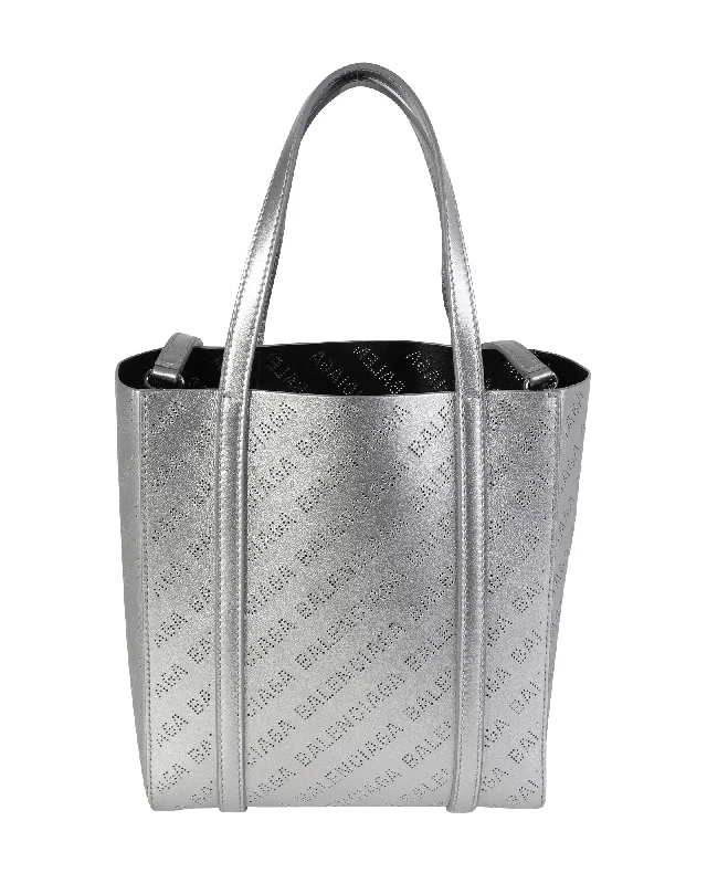 Women's tote bag discount deals -Balenciaga New Silver Calfskin Logo Perforated XXS Everyday Tote