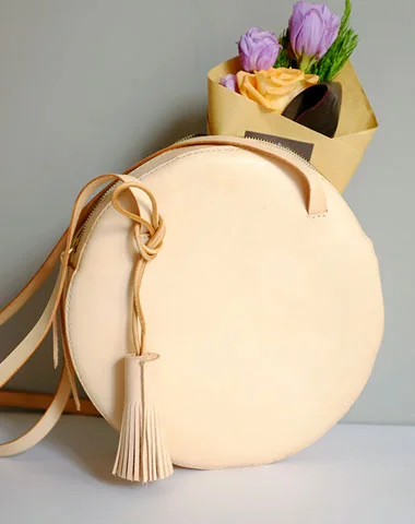 Women's shoulder bag performance ensemble -Handmade Leather Beige Womens Small Round Shoulder Bag Circle for Women