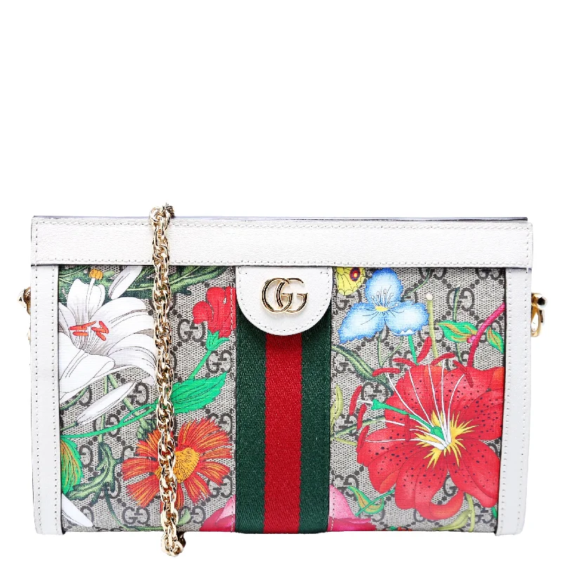 Women's chain bag quality sale -GG Supreme Flora Ophidia Small Chain White