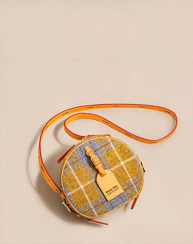 Women's handbags modern-trend -Cute Womens Small Yellow Leather Tweed Round Crossbody Purse Handmade Round Shoulder Bag for Women