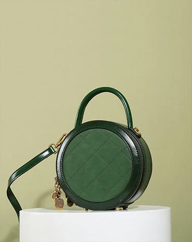 Women's handbags premium-elegance -Womens Green Leather Round Handbag Small Crossbody Purse Round Shoulder Bag for Women