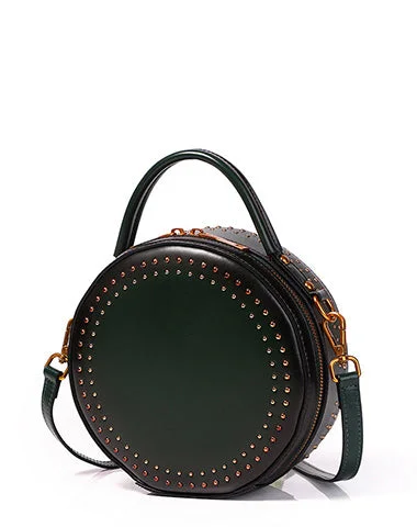 Women's handbags embroidered-detail -Womens Green Leather Round Handbag with Rivet Crossbody Purse Green Round Shoulder Bag for Women