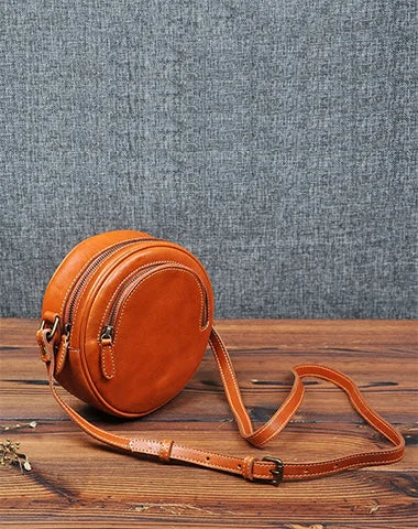 Women's handbags green-vibrant -Cute Womens Small Tan Leather Round Crossbody Purse Vintage Round Tan Shoulder Bag for Women