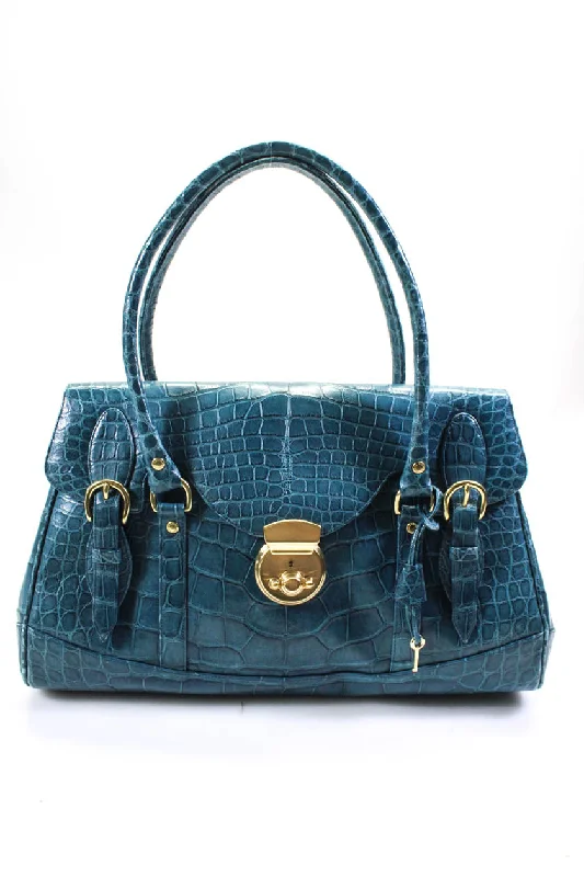 Women's tote bag secure closure -Ghurka Womens Rolled Handle Push Lock Crocodile Tote Handbag Blue