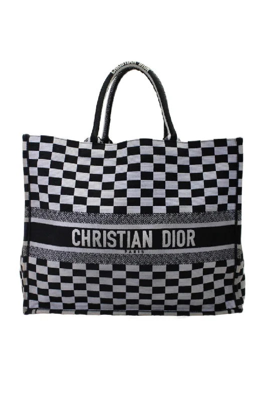 Women's tote bag sporty vibe -Christian Dior 2018 Womens Large Checkered Book Tote Handbag White Black Canvas