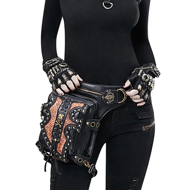 Women's bucket bags work-chic -Steampunk Leather Retro Skull Rivet Leg Bags