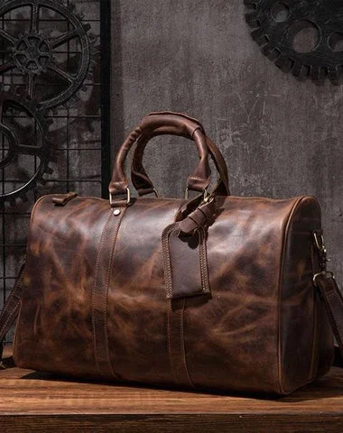 Women's bucket bags office -Cool Leather Mens Overnight Bag Weekender Bag Vintage Travel Bags Duffle Bag for Men