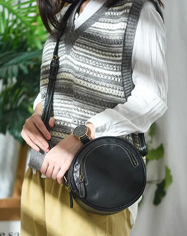 Women's shoulder bag stylish offer -Womens Black Leather Round Crossbody Bag Handmade Round Small Shoulder Bag for Women