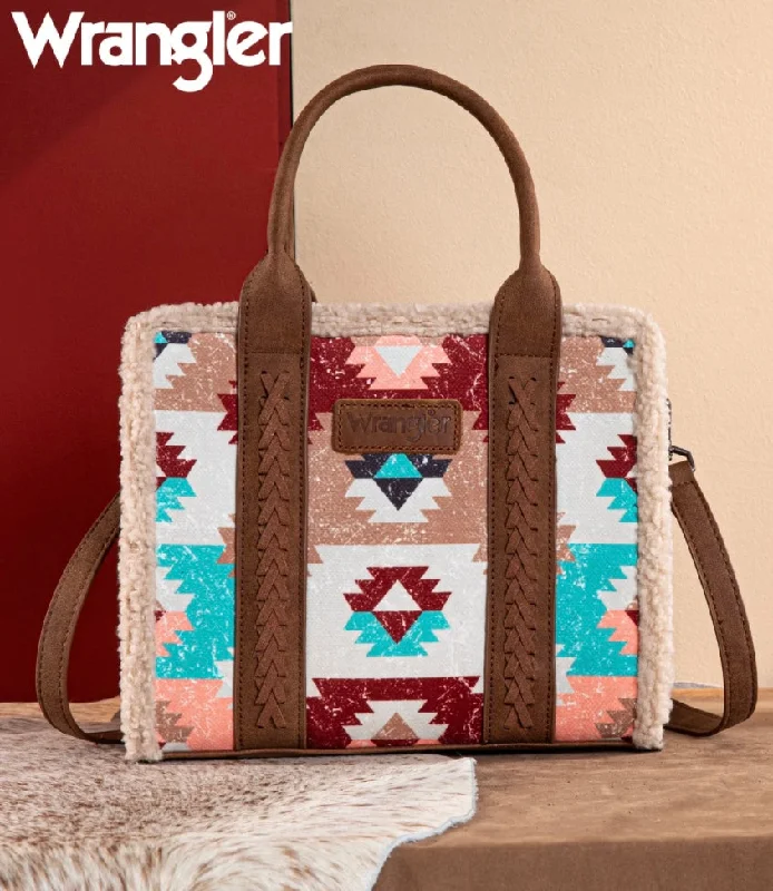 Women's tote bag light ensemble -Wrangler Sherpa Southwestern Print Small Canvas Tote/Crossbody - Brown