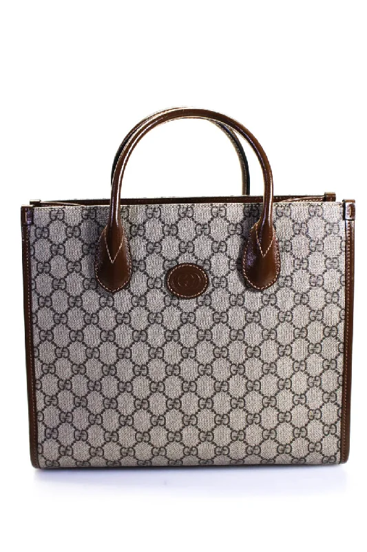 Women's tote bag fresh designs -Gucci Womens Coated Canvas GG Supreme Small Interlocking G Tote Handbag Brown