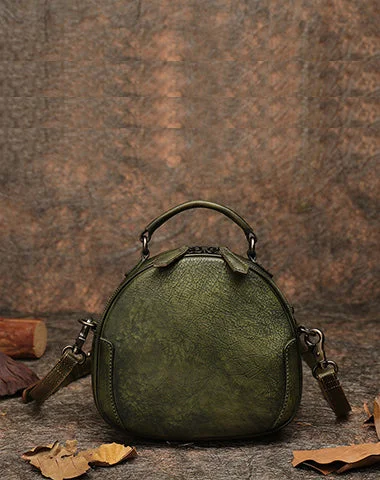 Women's shoulder bag weather-proof tech -Womens Green Leather Round Handbag Purses Vintage Handmade Round Shoulder Bag Crossbody Handbag for Women