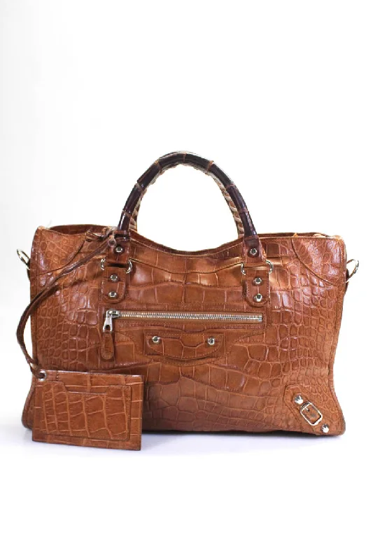 Women's tote bag tough material -Balenciaga Womens Motocross Classic City Crocodile Tote Handbag Brown