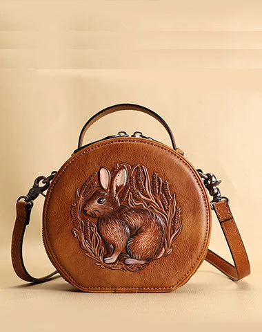 Women's handbags medium-versatile -Cutest Womens Brown Leather Round Handbag Bunny Crossbody Purse Vintage Round Shoulder Bags for Women