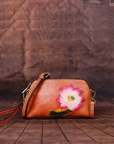 Women's shoulder bag everyday carry -Womens Lotus Flower Brown Leather Wristlet Wallets Shoulder Bag Small Crossbody Bag for Women