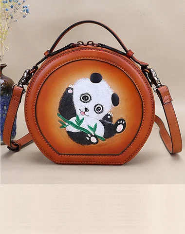 Women's handbags water-resistant-durability -Cutest Women Brown Leather Round Handbag Panda Crossbody Purse Vintage Round Shoulder Bags for Women