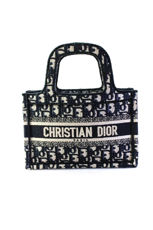 Women's tote bag comfortable carry -Christian Dior Womens Oblique Mini Book Tote Handbag Navy Blue White Canvas