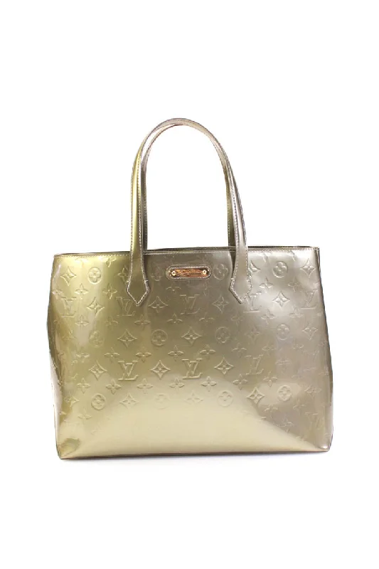 Women's tote bag sleek silhouette -Louis Vuitton Womens Monogram Vernis Wilshire MM Tote Handbag Green