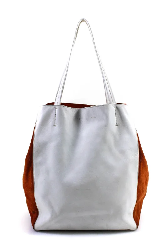 Women's tote bag evening elegance -Celine Womens White Leather Orange Suede Horizon Phantom Large Tote Bag Handbag