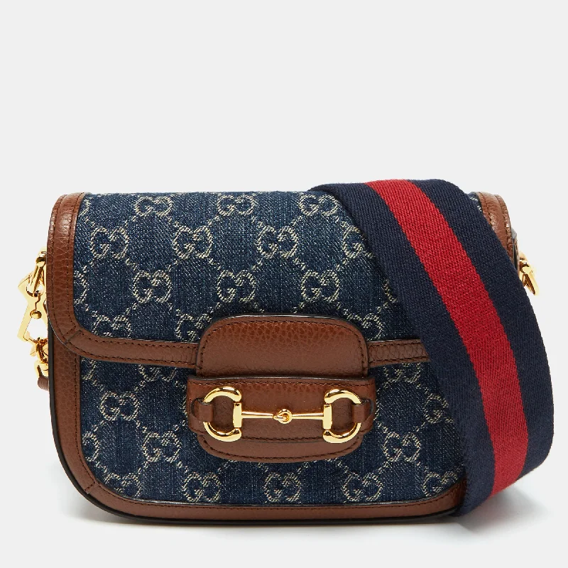 Women's crossbody bags slouchy -Gucci Blue/brown Gg Denim And Leather Mini Horsebit 1955 Crossbody Bag