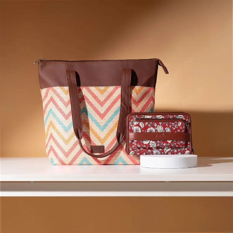 Women's tote bag oversized option -WavBeach & Chittoor Red Kalamkari - Everyday Tote Bag & Classic Zipper Wallet Combo