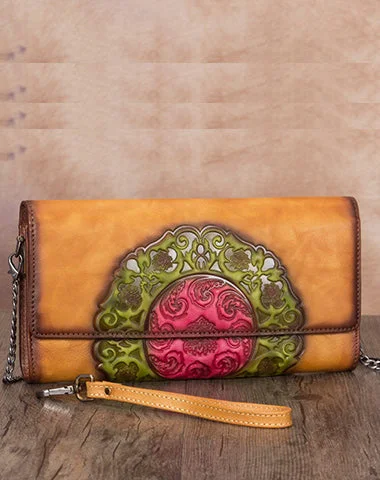 Women's shoulder bag performance set -Vintage Floral Tan Leather Wristlet Wallet Womens Floral Shoulder Wallet Purse Zip Purse Chain Shoulder Bag for Women