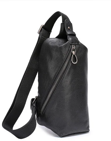 Women's bucket bags streetwear-cool -Cool Leather Mens Black Chest Bag Sling Bag Vintage Leather Sling Bags for Men