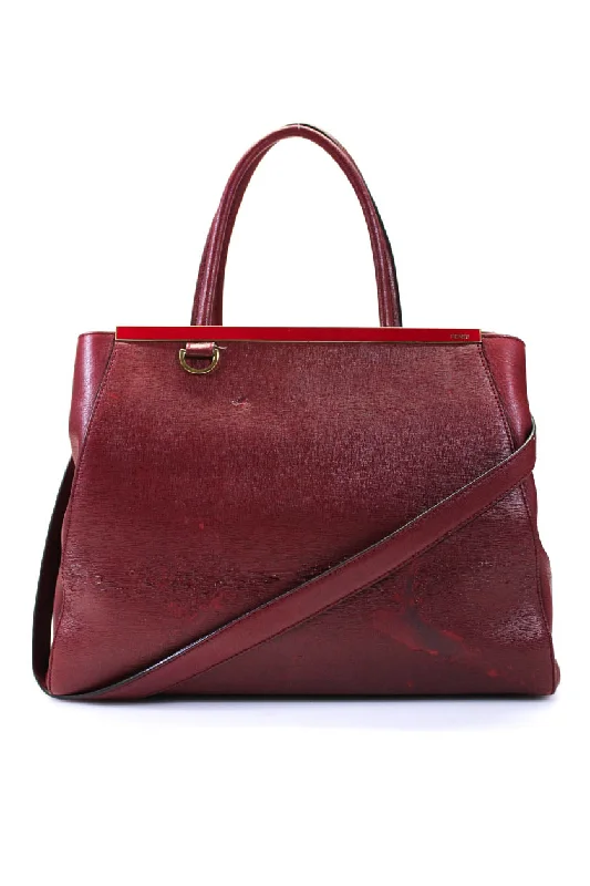 Women's tote bag textured surface -Fendi Womens Double Handle Logo Framed Leather 2Jours Tote Handbag Red