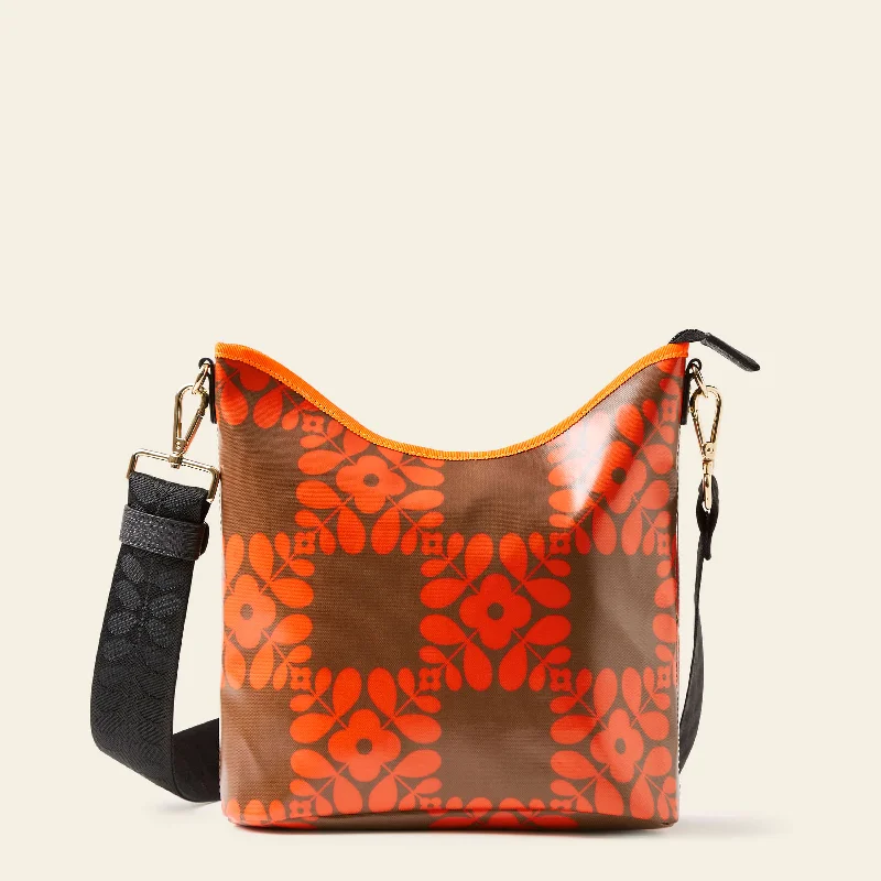 Women's crossbody bags canvas -Cross Carry Crossbody - Lattice Flower Tile Conker