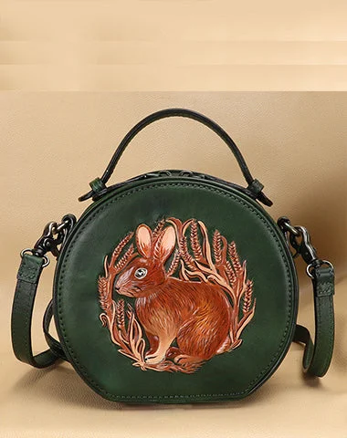 Women's handbags vegan-leather -Cutest Womens Green Leather Round Handbag Bunny Crossbody Purse Vintage Round Shoulder Bags for Women