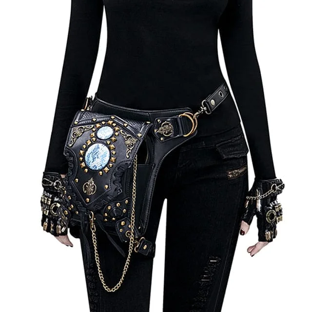 Women's chain bag chic accessory -Steampunk Leather Retro Rivet Chain Waist Leg Bag