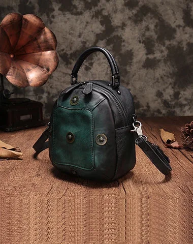 Women's shoulder bag designer-inspired -Green Geometric Vintage Womens Leather Round Brown Handbag Box Shoulder Bag Purse for Ladies