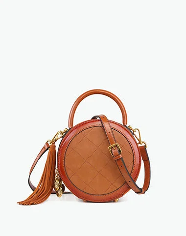 Women's handbags fabric-casual -Womens Brown Leather Round Handbag Small Crossbody Purse Round Shoulder Bag for Women