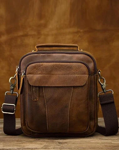 Women's handbags premium-quality -Vintage Brown Leather Mens Small Vertical Messenger Bag Side Bag Courier Bag Handbag For Men