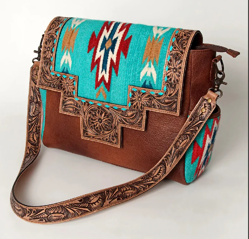 Women's crossbody bags winter -American Darling Teal Saddle Blanket Tooled Crossbody