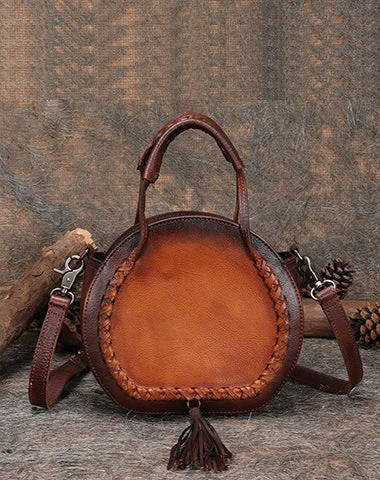 Women's shoulder bag elegant design -Womens Brown Leather Round Handbag Purses with Tassels Vintage Handmade Round Shoulder Bag Crossbody Handbag for Women