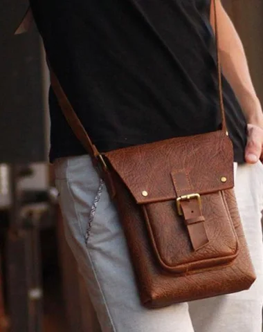 Women's shoulder bag quick-carry apparel -Handmade Vintage Leather Mens Small Messenger Bag Coffee Cell Phone Shoulder Bag for Men