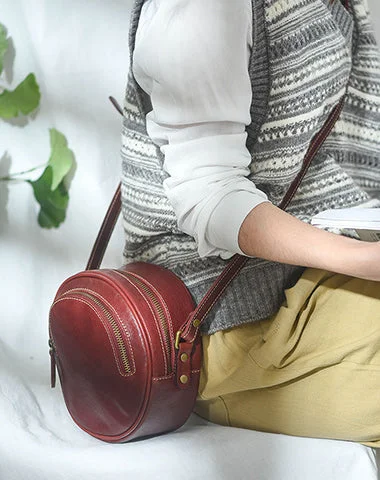 Women's shoulder bag fast-access deal -Womens Red Leather Round Crossbody Bag Handmade Round Small Shoulder Bag for Women