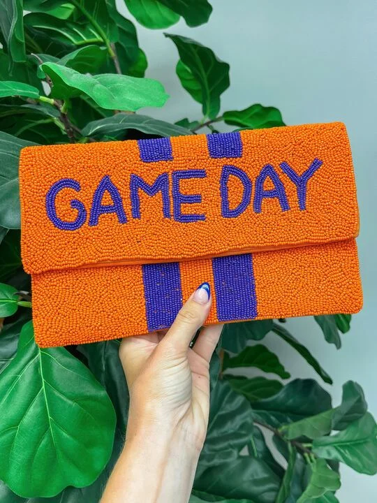 Women's crossbody bags medium-versatile -'Game Day' Beaded Clutch & Convertible Crossbody - Orange & Purple