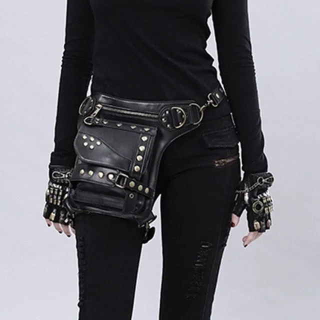 Women's bucket bags everyday-use -Steampunk Leather Retro Skull Rivet Leg Bags