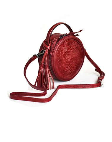 Women's shoulder bag custom sale -Womens Red Leather Round Crossbody Bag Crocodile Pattern Vintage Round Handbag Shoulder Bag for Women