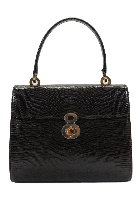 Women's tote bag quick-snap closure -Gucci Womens Vintage Lizard Skin Turnlock Top Handle Tote Handbag Dark Brown