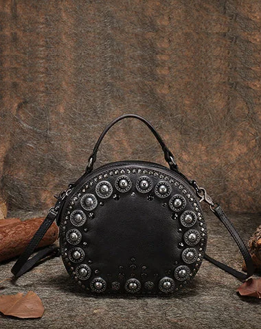 Women's shoulder bag matching set -Handmade Womens Gray Leather Round Handbag Purses Rivet Round Shoulder Bag Crossbody Handbag for Women