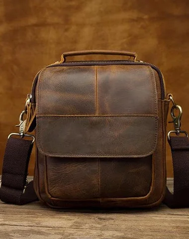 Women's shoulder bag stylish apparel -Vintage Brown Leather Mens Small Vertical Side Bags Shoulder Bags Messenger Bag For Men